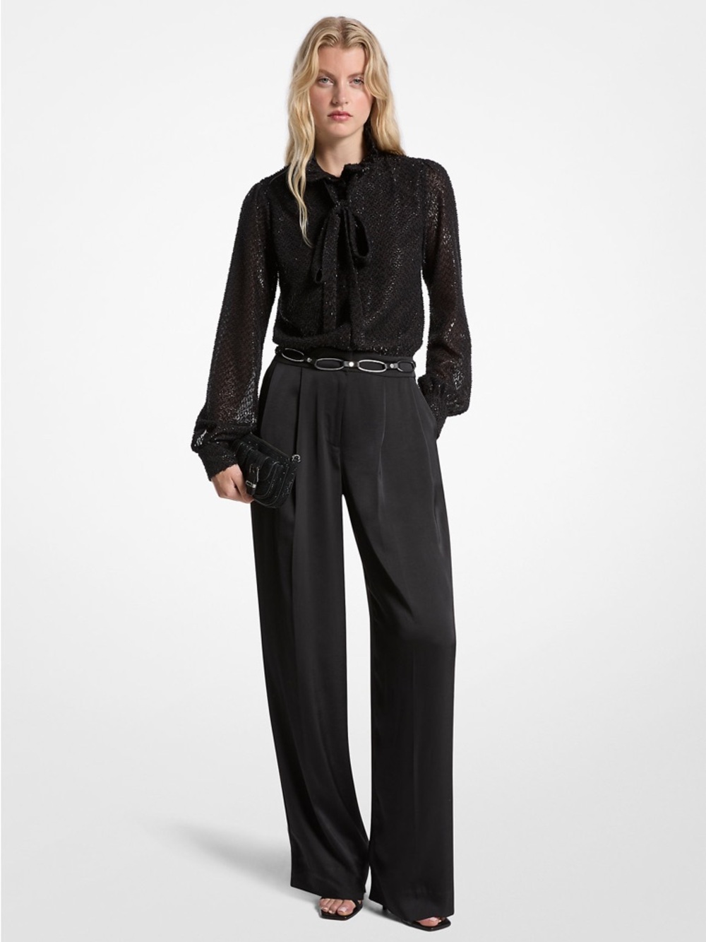 NEW Michael Kors MK Metallic Clip Jacquard Satin Tie-Neck Black Jumpsuit Size 4